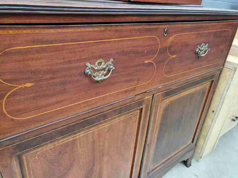Antique Georgian inlaid mahogany large secretaire bookcase splayed legs drawers