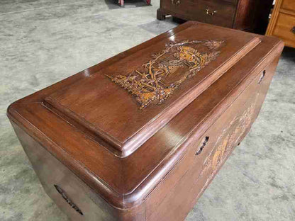 Vintage 20thC Chinese carved camphor wood  trunk chest storage box coffer
