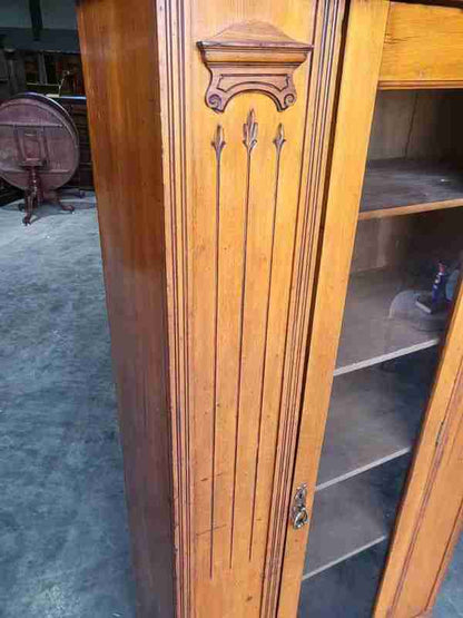 Antique Edwardian tall slim walnut glazed linen press cupboard bookcase