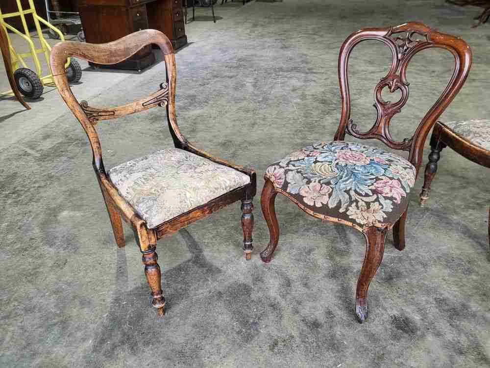Four mixed Victorian balloon back dining chairs floral