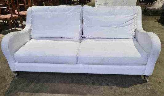 Sofa 2 seat feather cushions castors curved sides oatmeal white fabric