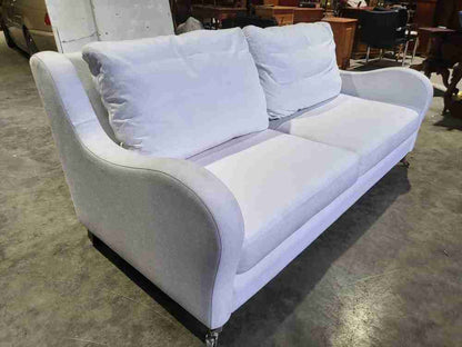 Sofa 2 seat feather cushions castors curved sides oatmeal white fabric