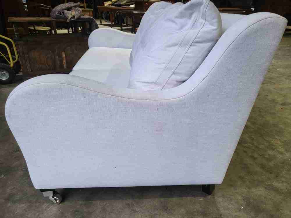 Sofa 2 seat feather cushions castors curved sides oatmeal white fabric