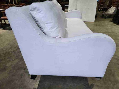 Sofa 2 seat feather cushions castors curved sides oatmeal white fabric