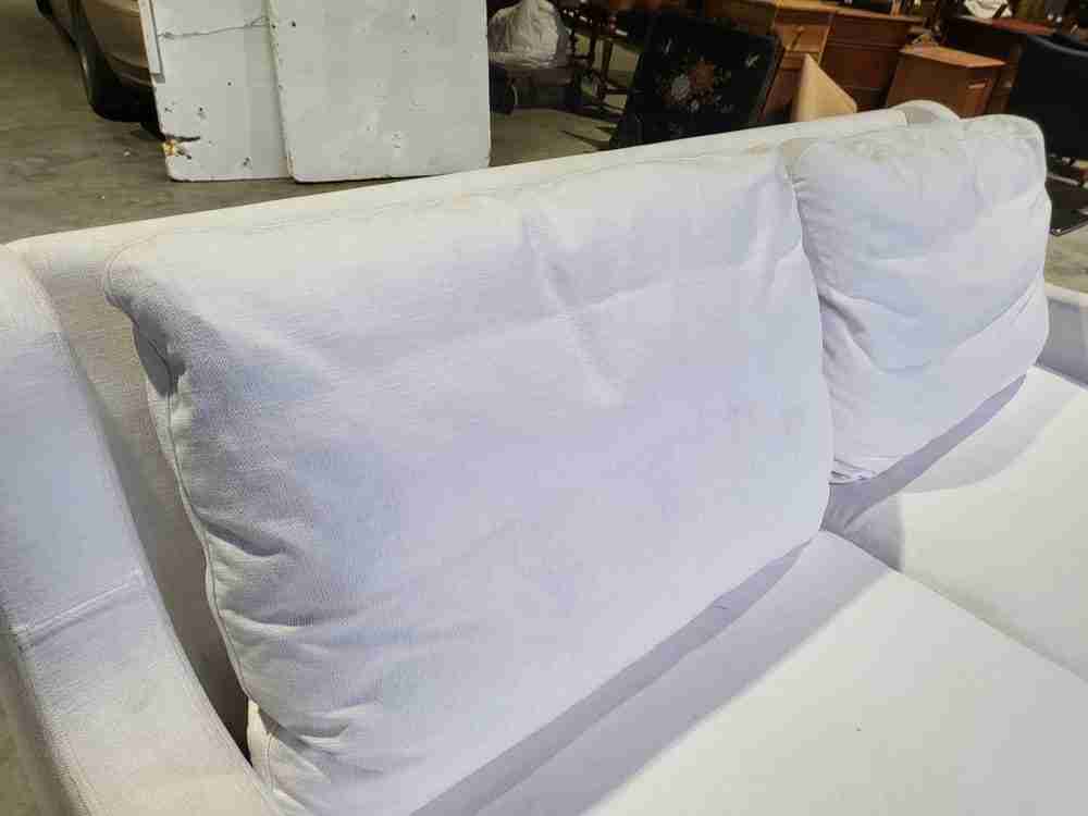 Sofa 2 seat feather cushions castors curved sides oatmeal white fabric