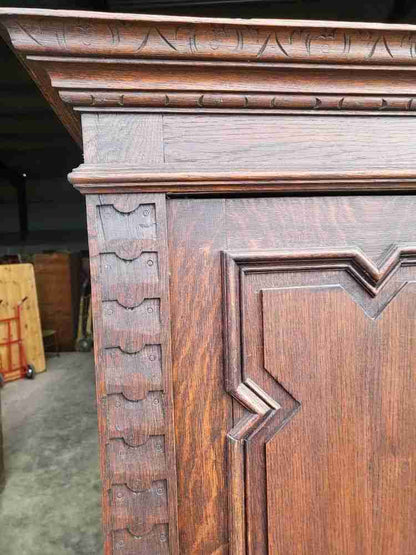 Antique dark oak panelled carved 2 x door wardrobe
