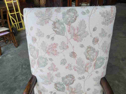 Pair two antique large upholstered open armchairs scrolled arms sprung