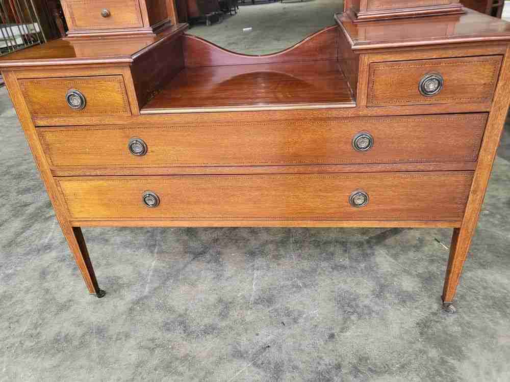 Antique Edwardian inlaid dressing table drawers oval mirror
