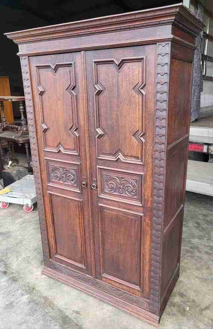 Antique dark oak panelled carved 2 x door wardrobe