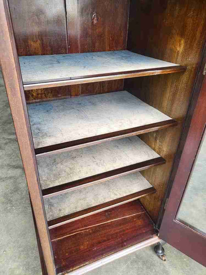 Antique Edwardian glazed music cabinet bookcase cabriole legs castors shelves