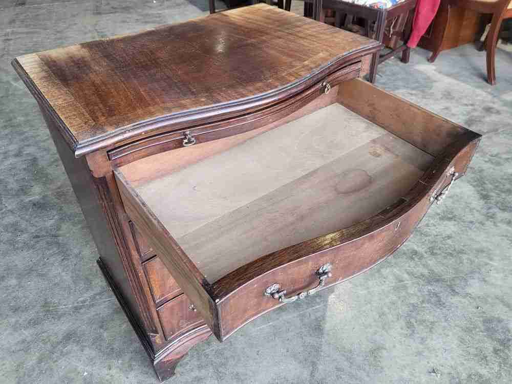 Antique repro serpentine small chest of drawers bracket feet tray desk