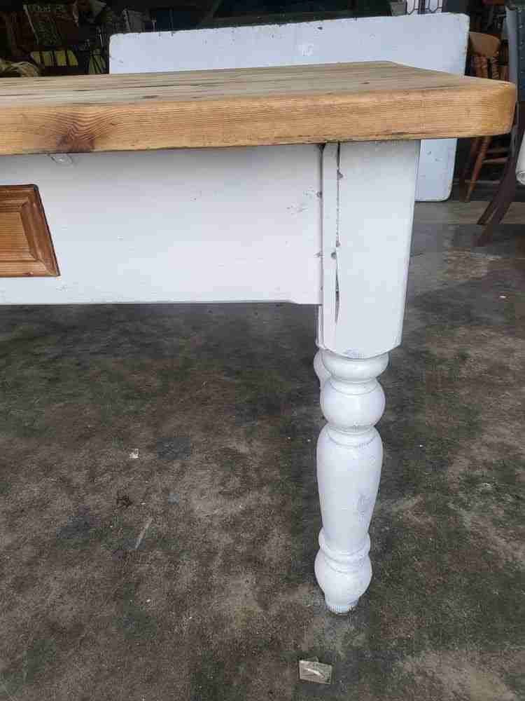 20thC pine  kitchen dining table white legs drawer seat 6