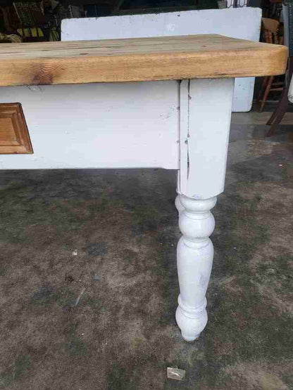 20thC pine  kitchen dining table white legs drawer seat 6