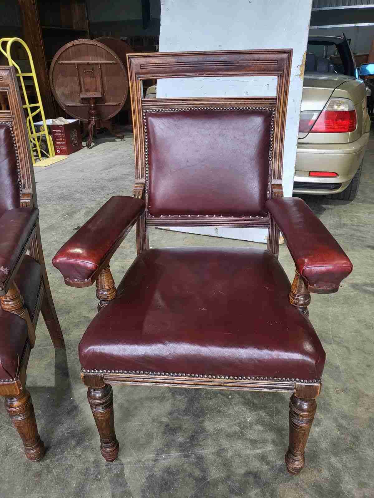 Pair two his &amp; hers antique leather Oak high back arm chairs office