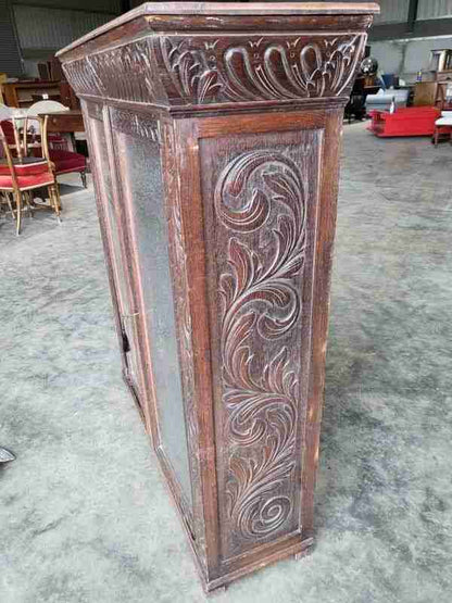 Antique dark oak carved ornate 2 door glazed bookcase cabinet