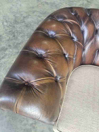 Antique repro button back 3 seat  brown leather Chesterfield  sofa