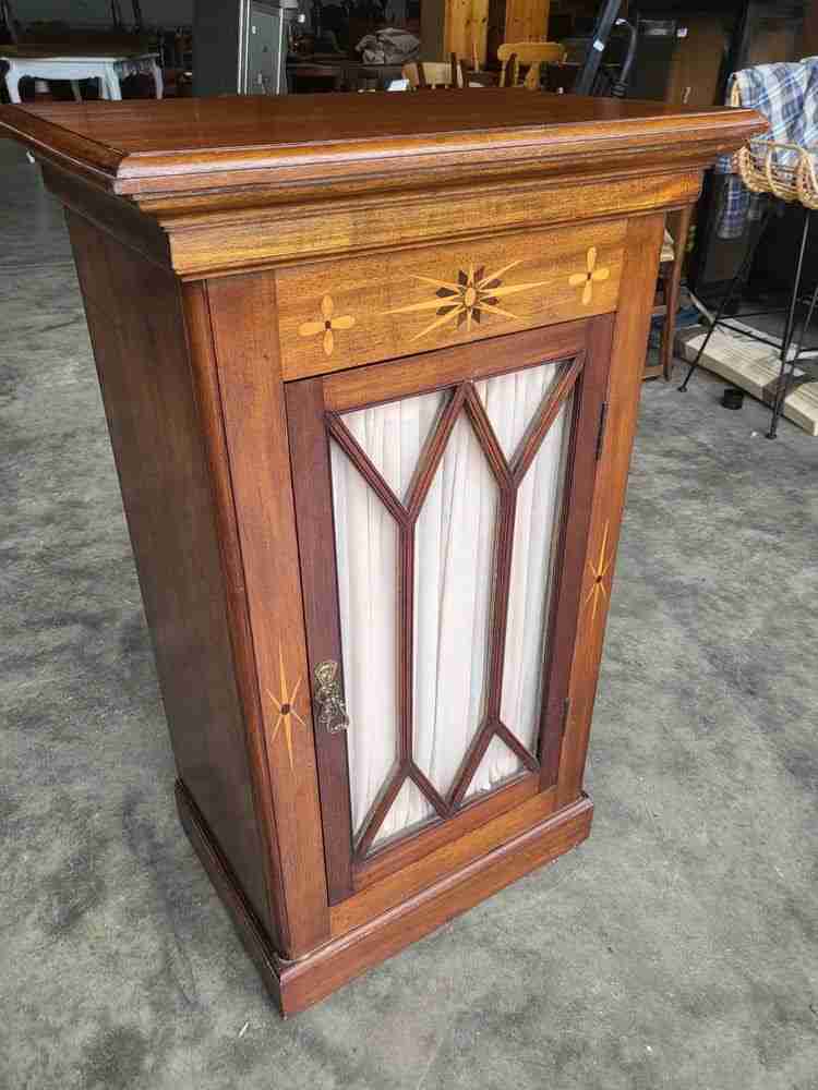 Antique Edwardian small inlaid glazed cabinet fabric curtain shelves