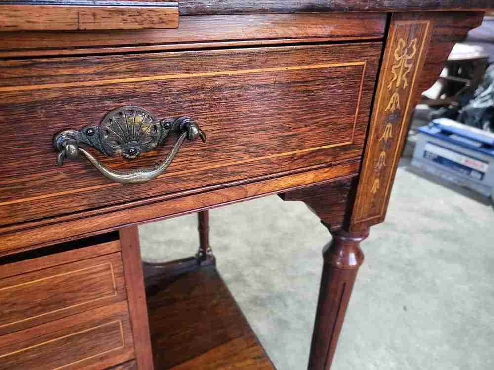 Antique Edwardian inlaid rosewood small writing desk table drawers