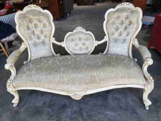 Antique French Louis cream wood frame sofa love seat cabriole legs