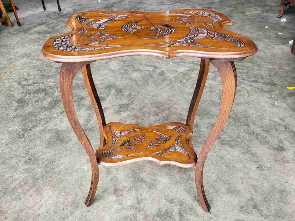 Antique Edwardian serpentine  carved 2 tier  side end lamp table cabriole legs