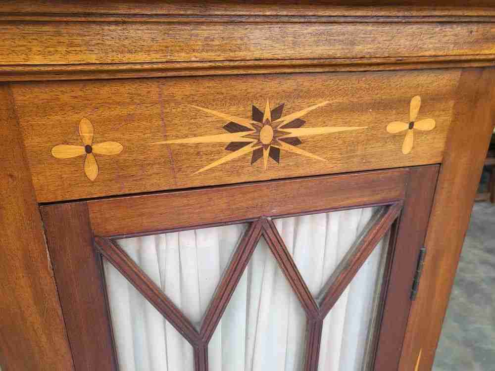 Antique Edwardian small inlaid glazed cabinet fabric curtain shelves