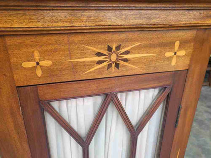 Antique Edwardian small inlaid glazed cabinet fabric curtain shelves