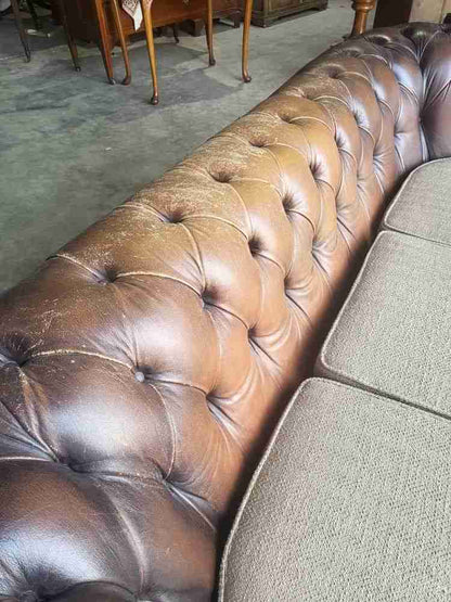 Antique repro button back 3 seat  brown leather Chesterfield  sofa