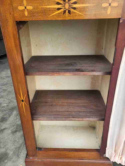 Antique Edwardian small inlaid glazed cabinet fabric curtain shelves