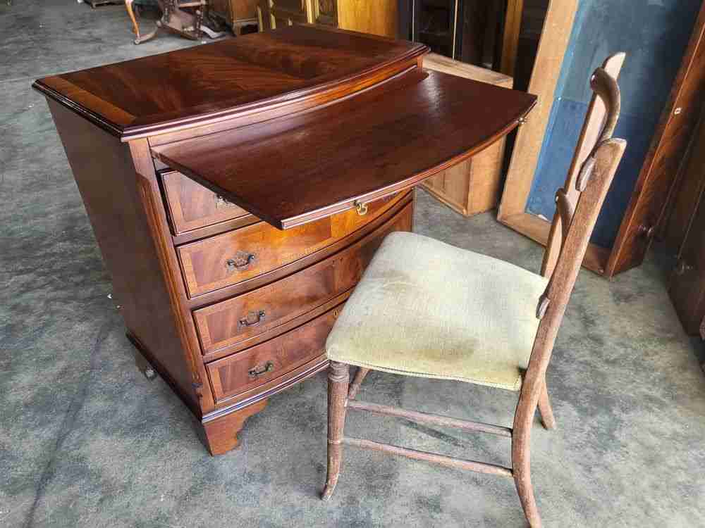 Antique repro bow front chest of drawers slide tray dressing table desk