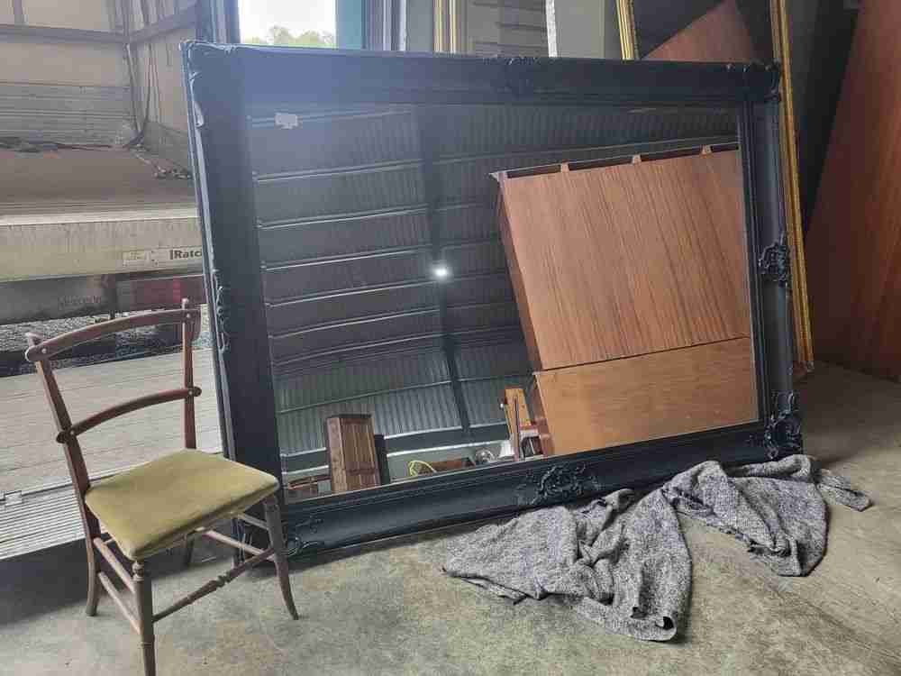 Very large antique repro black mirror 7' x 5' freestanding dressing wall