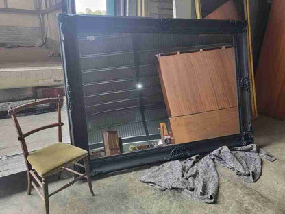 Very large antique repro black mirror 7' x 5' freestanding dressing wall