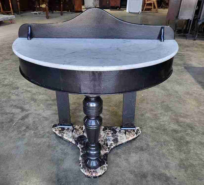 Antique Victorian demilune Black marble wash stand side table dogs turned legs