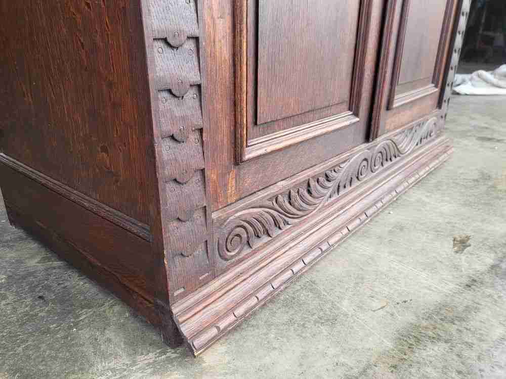 Antique dark oak panelled carved 2 x door wardrobe
