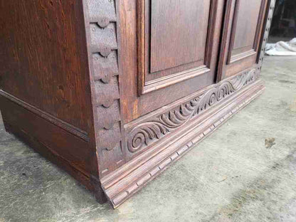Antique dark oak panelled carved 2 x door wardrobe