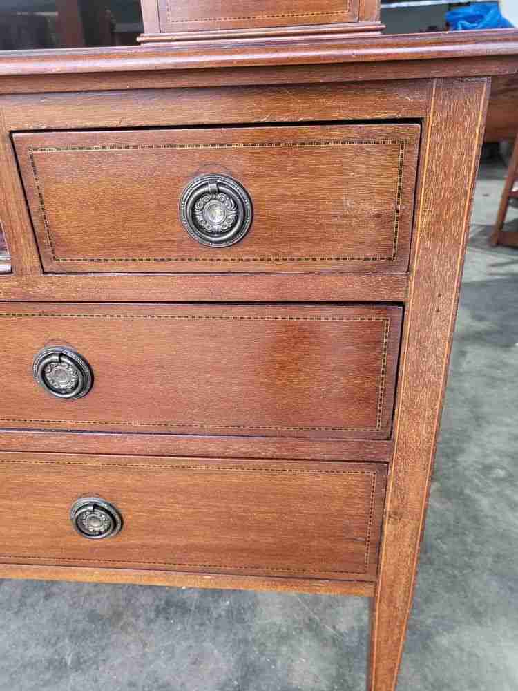 Antique Edwardian inlaid dressing table drawers oval mirror