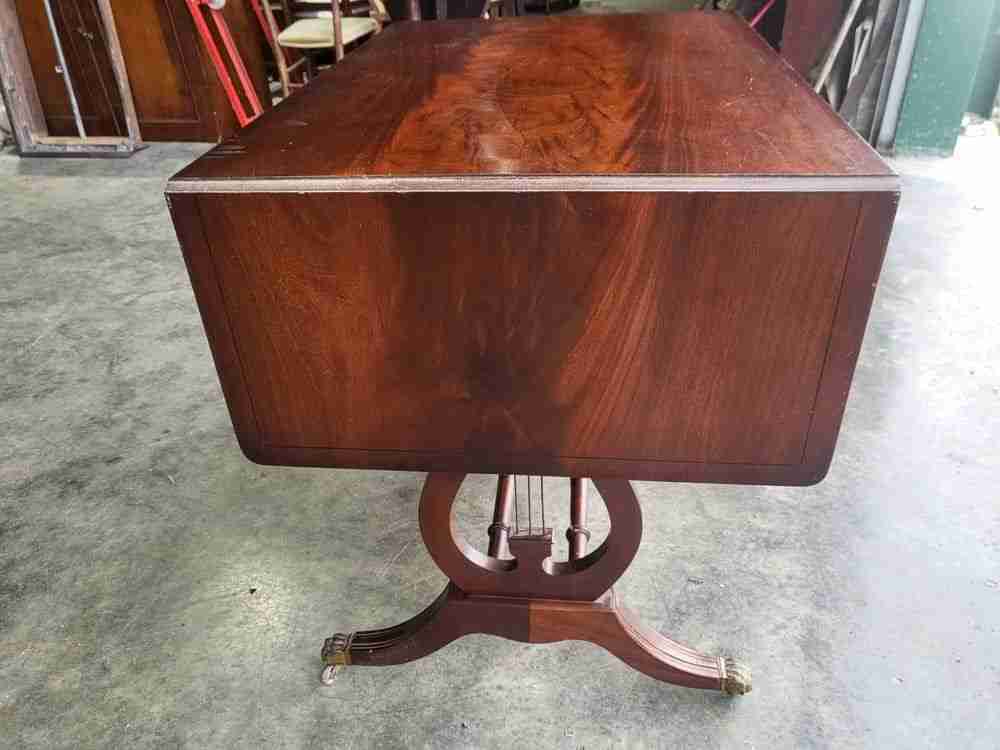 Antique repro extending Lyre sofa coffee work table drawers
