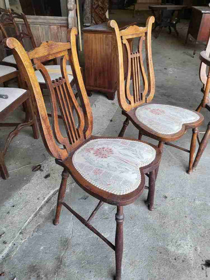 Six antique Lyre back dining chairs heart shaped seats turned legs