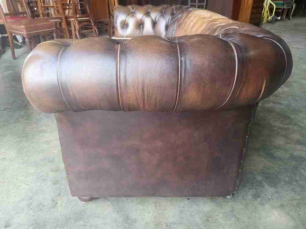 Antique repro button back 3 seat  brown leather Chesterfield  sofa