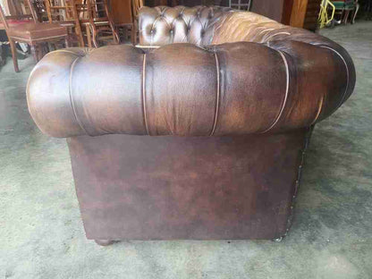 Antique repro button back 3 seat  brown leather Chesterfield  sofa