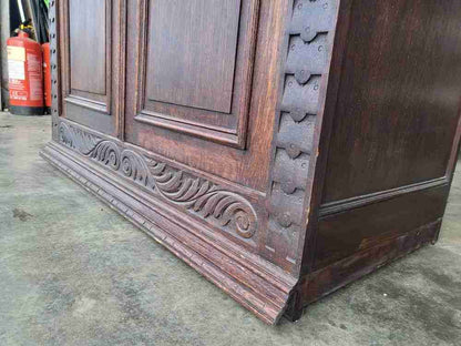 Antique dark oak panelled carved 2 x door wardrobe