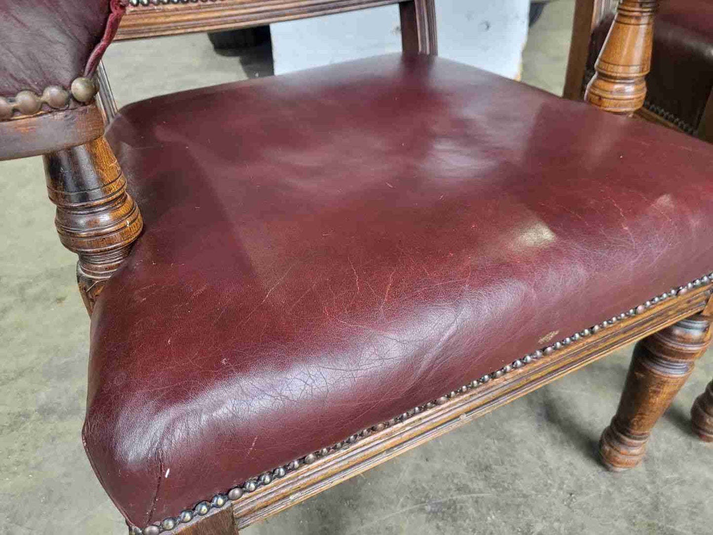 Pair two his &amp; hers antique leather Oak high back arm chairs office