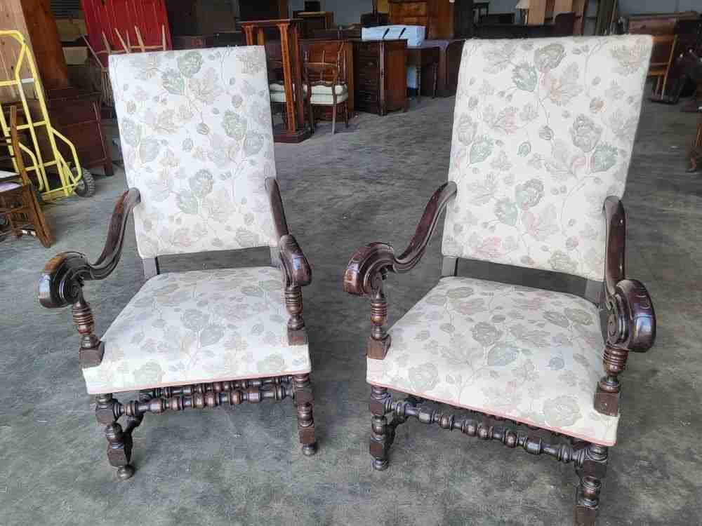 Pair two antique large upholstered open armchairs scrolled arms sprung