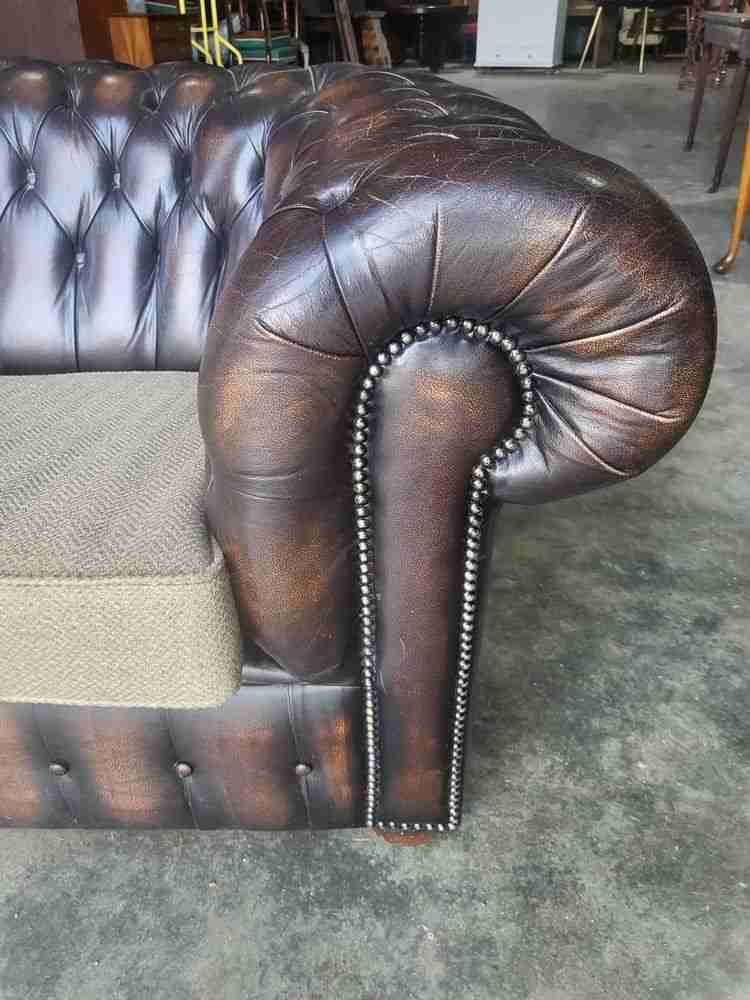 Antique repro button back 3 seat brown leather Chesterfield  sofa