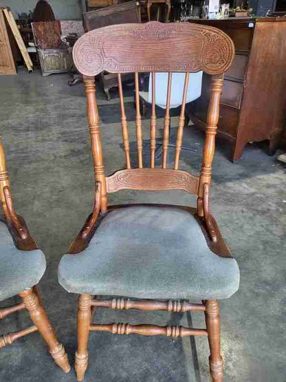 20thC 4 continental high back carved kitchen country dining chairs fabric seats