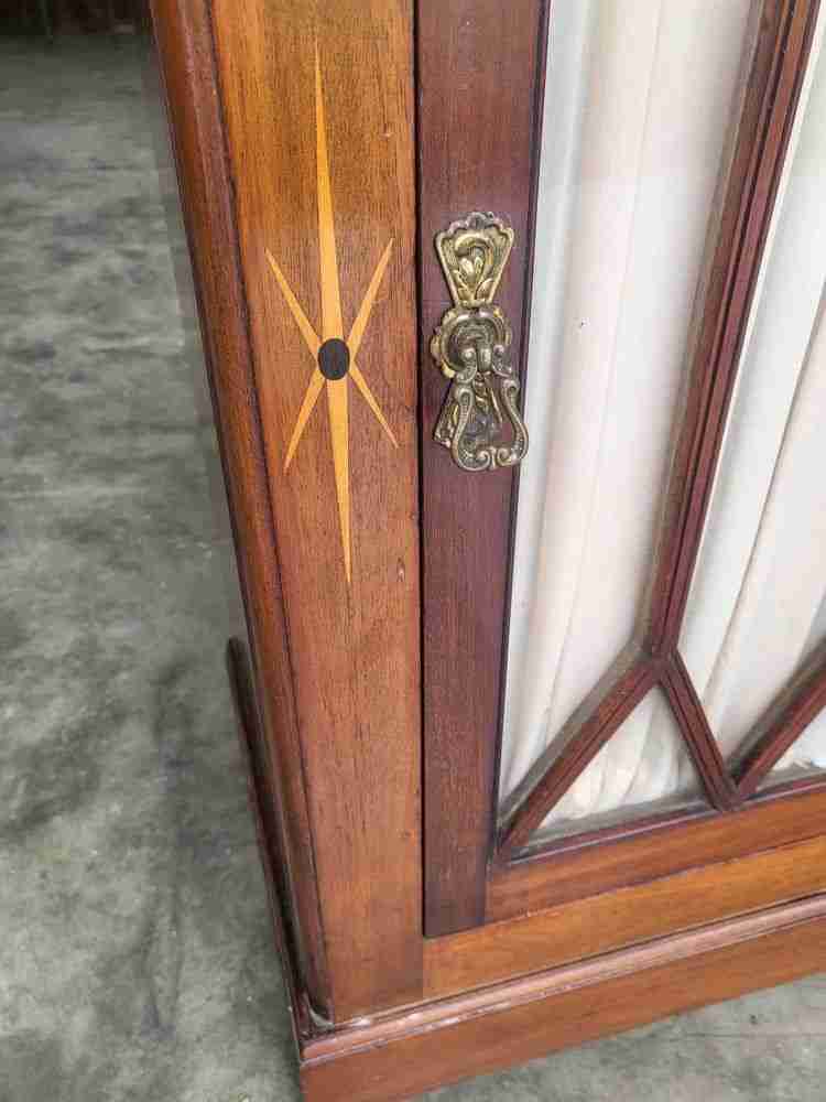 Antique Edwardian small inlaid glazed cabinet fabric curtain shelves