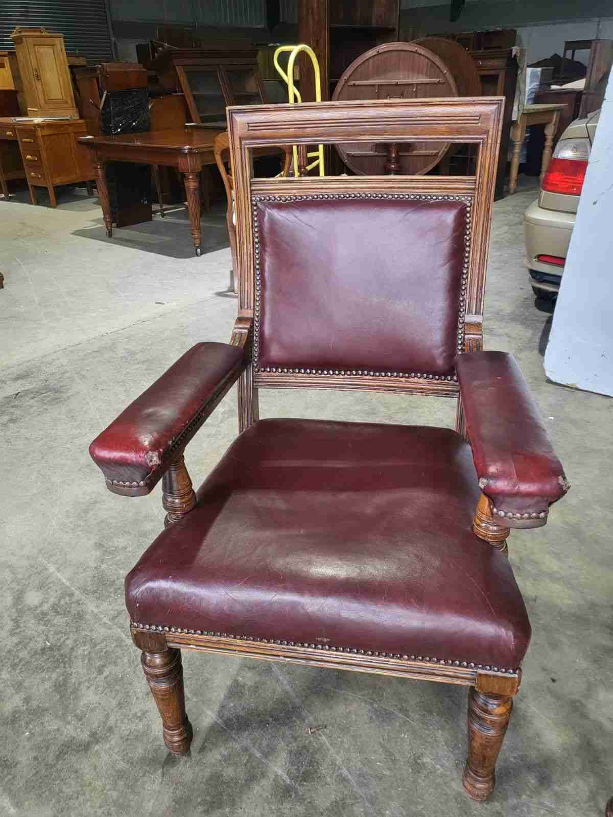 Pair two his &amp; hers antique leather Oak high back arm chairs office