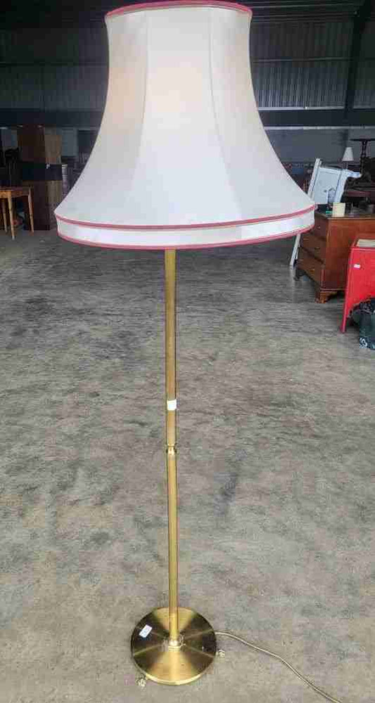 Vintage 20thC brass standard lamp cream shade round base feet