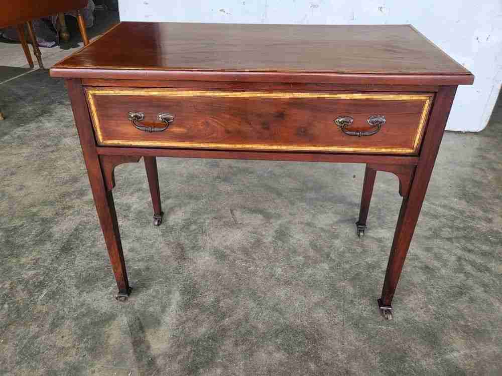 Antique Edwardian inlaid small single drawer hall serving table