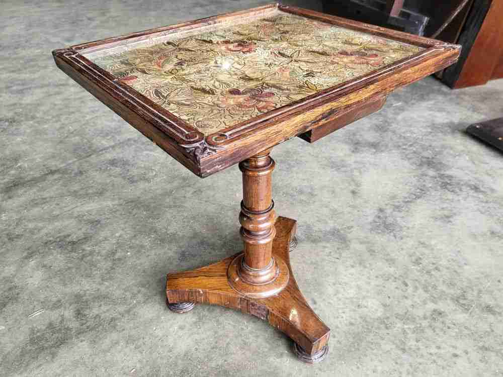 Antique Victorian embroidered tripod side end lamp table pedestal table