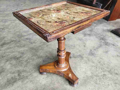 Antique Victorian embroidered tripod side end lamp table pedestal table